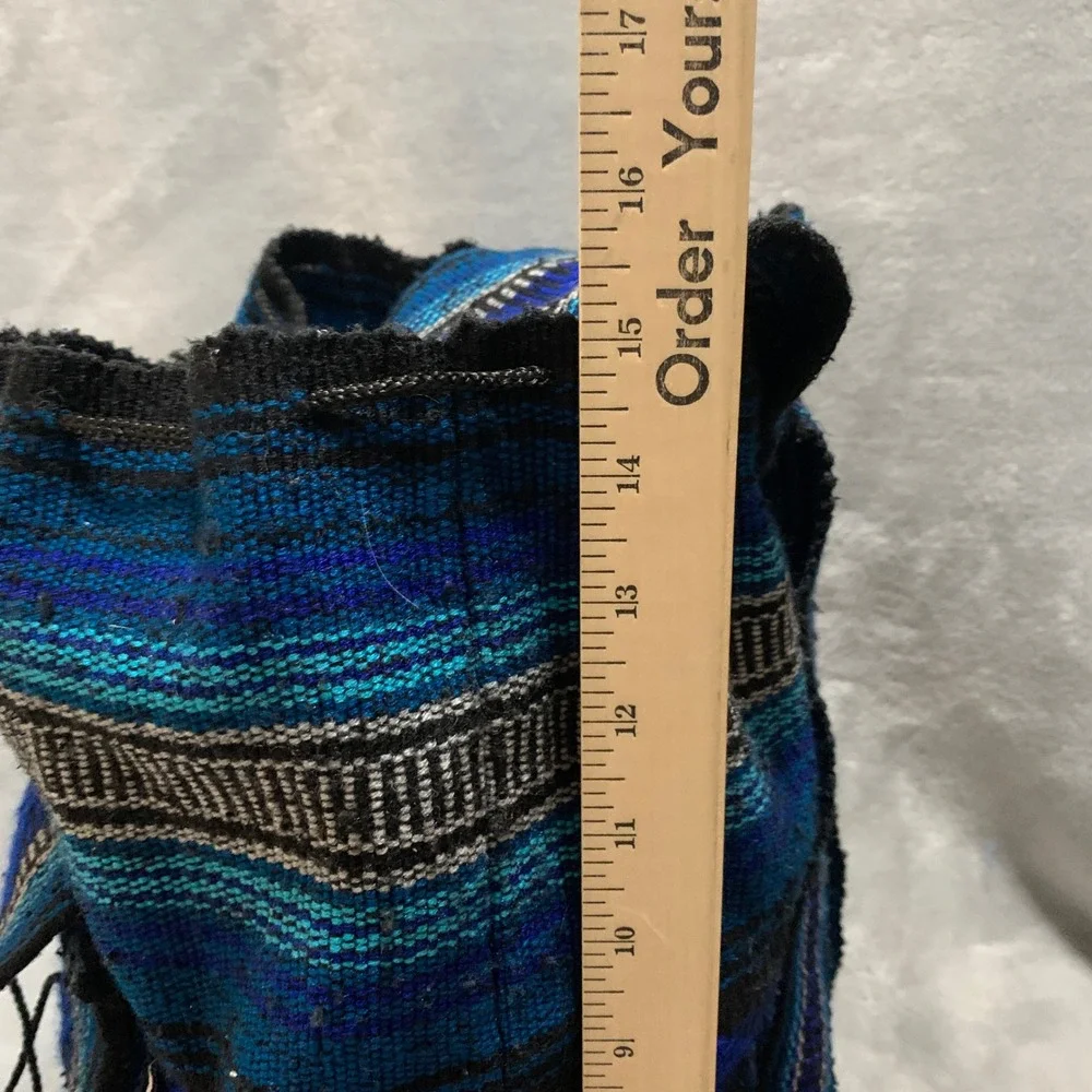 Lillo Woven Drug Rug Backpack Blue Black Striped Boho Drawstring Rucksack‎